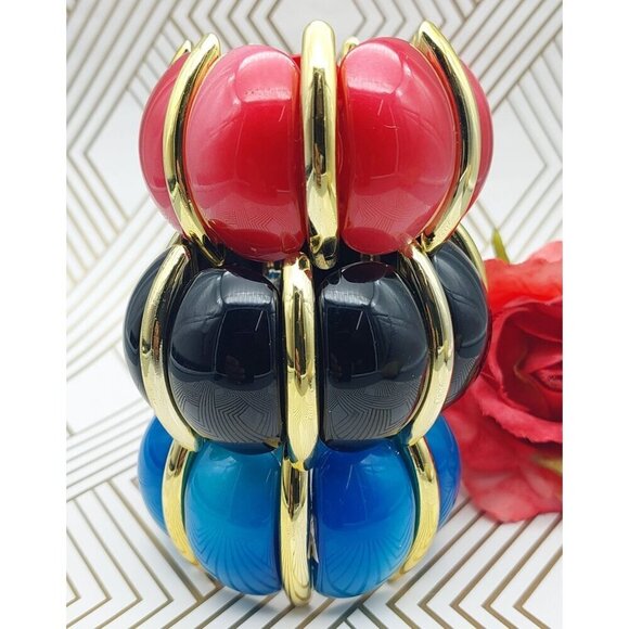 Lot of 3 Acrylic Statement Bracelets Stretch Wide Gold Tone Trim Blue Black Red - Picture 3 of 9